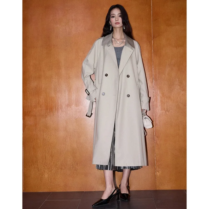 Otoño nuevo clásico moderno Retro estilo británico versátil franjas de diferente color de longitud media gabardina suelta mujeres de moda y único