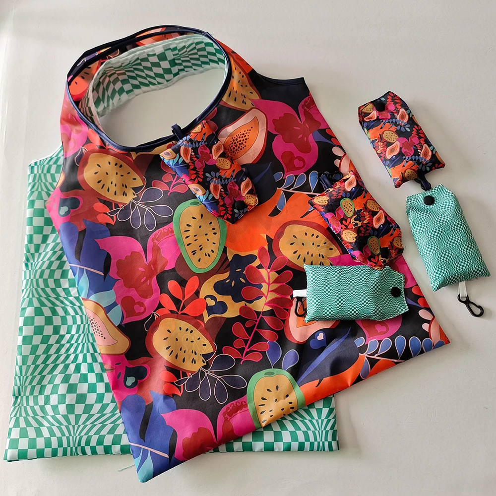 Fashionable Custom Print Compact Collapsible Handbag Recycled Durable High Quality Polyester Shopping Bag Reusable Storage Bag