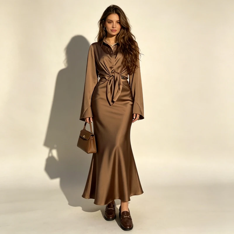 Röcke Anzug Damen Hemd Langer Rock 2-teiliges Set Overshirt Top Umlegekragen Trompetenärmel Satin Ensemble Büro-Damen-Outfits