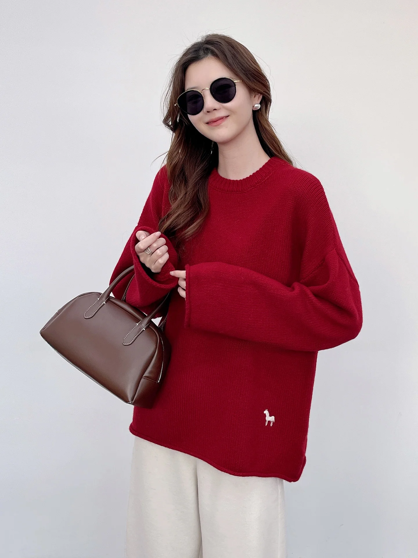 

Korean Faion 00 Wool round Ne Embroidered Hem Oversize Sweater Spring New Sle Women's Loose Fit Long Sve Knit...
