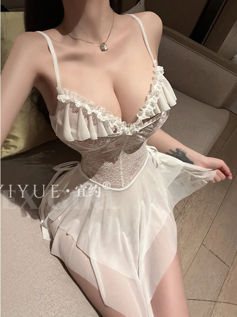 

V Sexy Pure Desire Neck Lace Temptation Nightwear Hot Uniform Dress Elegant Mesh Lace Mini Dress Sexy Korean Women Backless D7NB