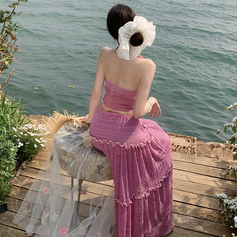 女性用水着 パッド入り 3 ピース ホルター水着 ロング水着 女性 ショーツ付き タンキニ ビーチドレス 水着 プール スパ