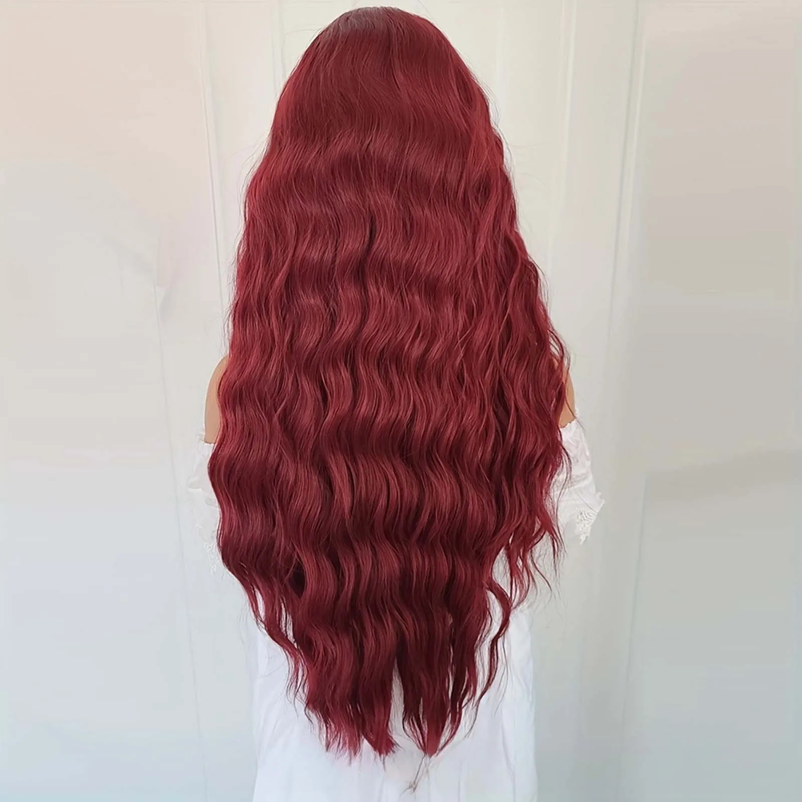 Peruca dianteira de renda sintética encaracolada longa para mulheres, cabelo ondulado natural, onda profunda, vermelho escuro, Borgonha, perucas frontais, festa, 13x4