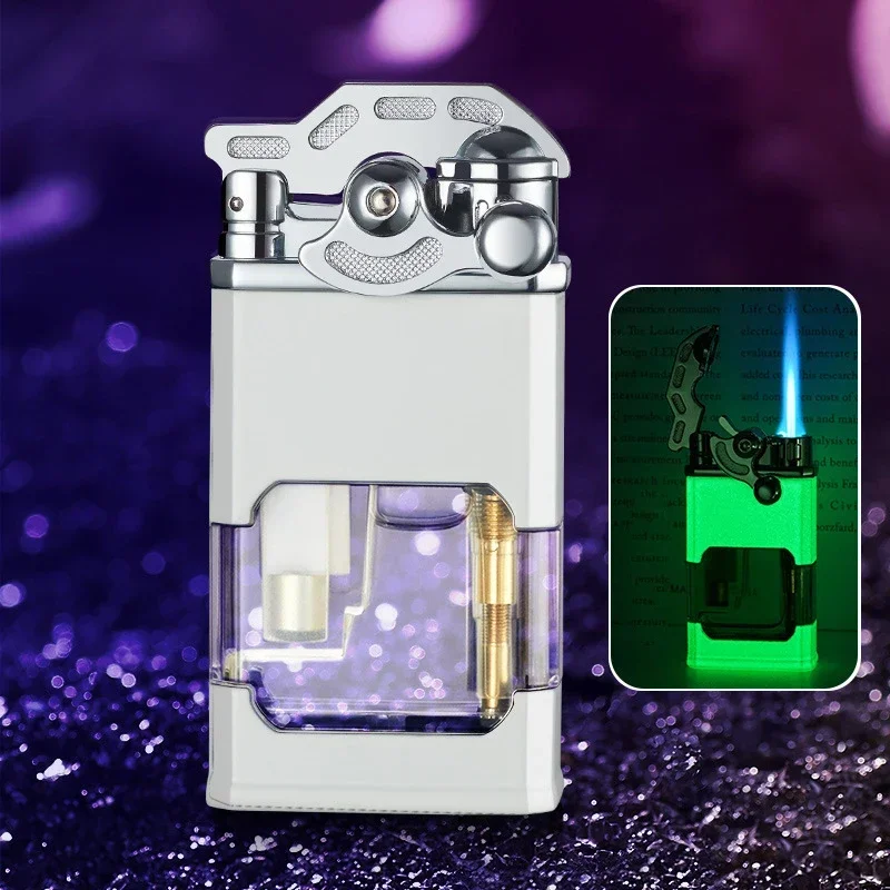 Metal Rocker Arm Luminous Butane Gas Torch Lighter Transparent Gas Window Windproof Jet Blue Flame Cigar Lighters Smoking Gadget view 6