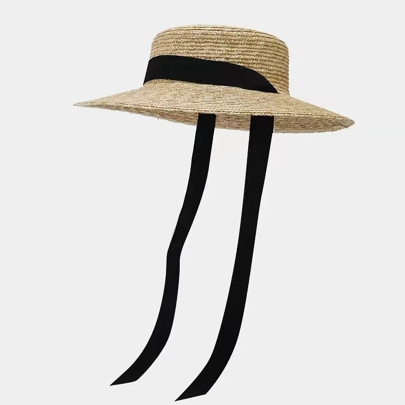 French Retro Light Top Straw Degrees Strap Sun Protection Sun Hat with Wide Brim Female Photo Vacation Seaside Beach Bucket Hat