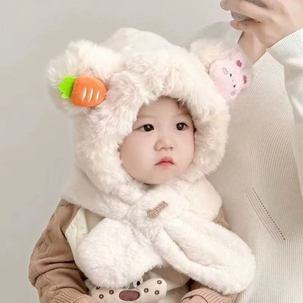 Cute Windproof Hooded Scarf Hat Neck Protection Thick Warm Baby Bear Ear Hat Carrot Cartoon Winter Integrated Hat Unisex