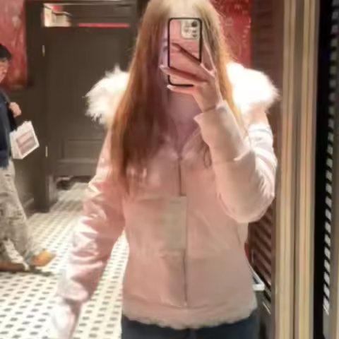 Women Solid Color Fur Collar Hooded Cotton-padded Jacket With Zipper Slim Fit Warm Thick Coat 2025 Winter New Female Outerwear