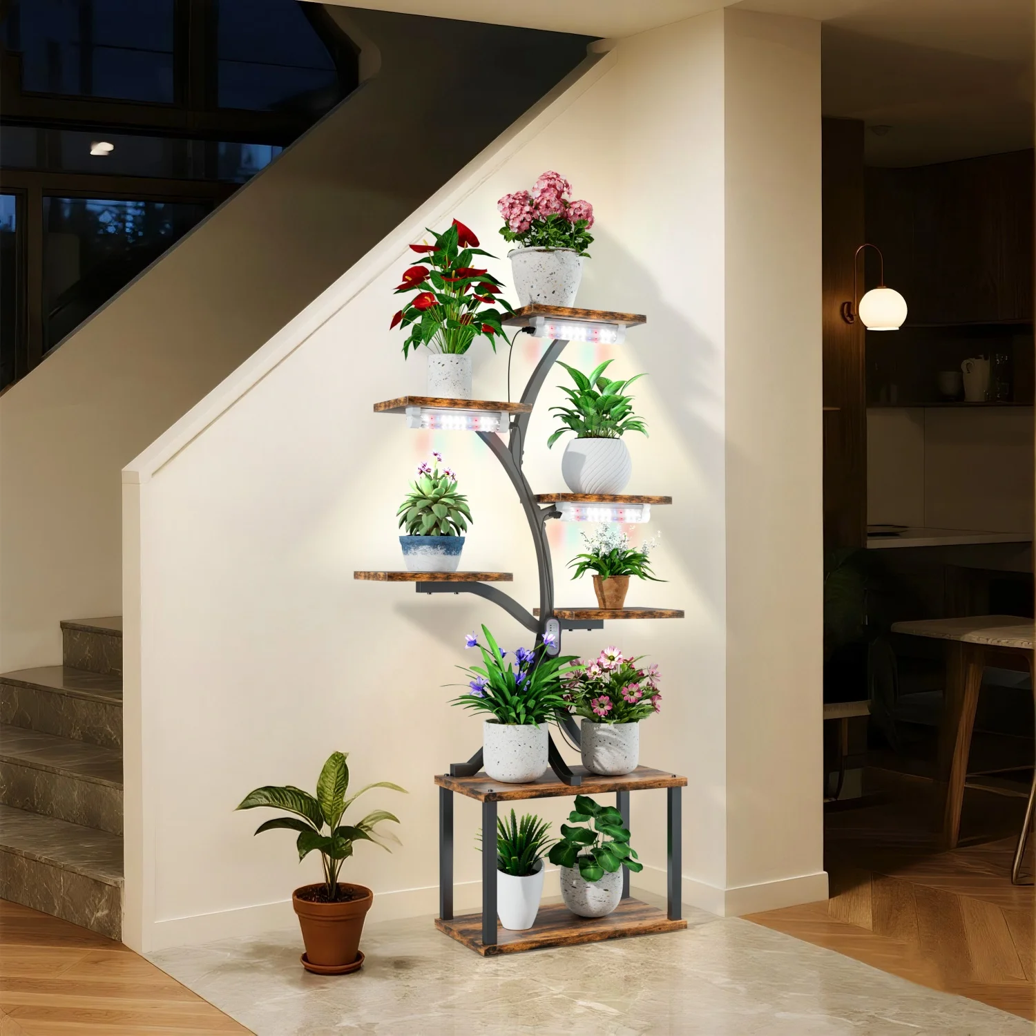 qp-7 Tier Tree Shaped Plant Stand for Patio Living Room Metal Plant Flower Pot Display Holder with Lights-