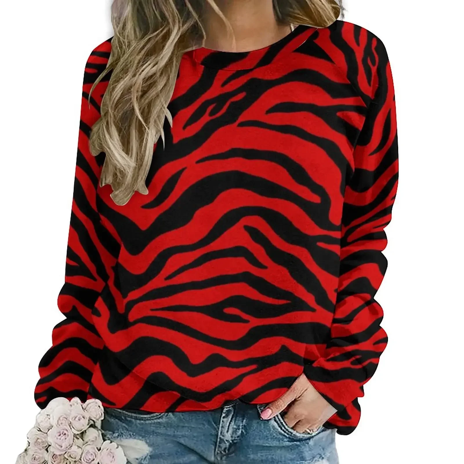 Black Red Zebra Stripe Casual Hoodies Spring Animal Print Novelty Retro Hoodie Long Sleeve Oversized Fashion Graphic Sweatshirts