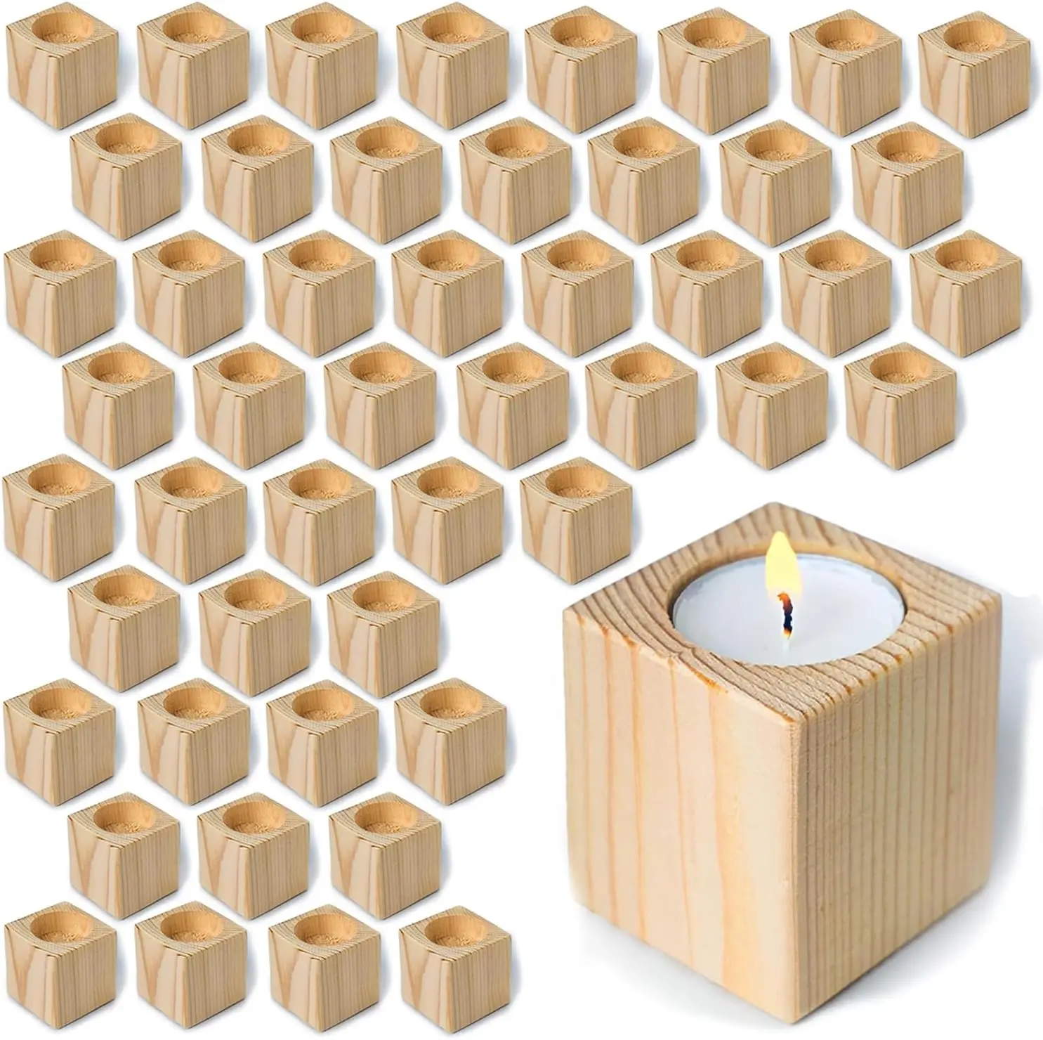 

Wood Tealight Candle Holders 50 Pack - Rustic Pine Wooden Votive for Wedding Centerpieces, Party Decor, Fireplace