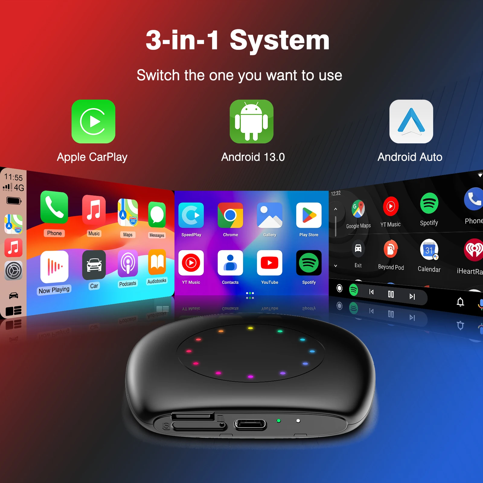 Android 13 CarPlay Ai Box مع ضوء محيط، سلكي إلى لاسلكي Android Auto Qualcomm Octa-core 4G+64G، مدمج بنظام تحديد المواقع العالمي (GPS)