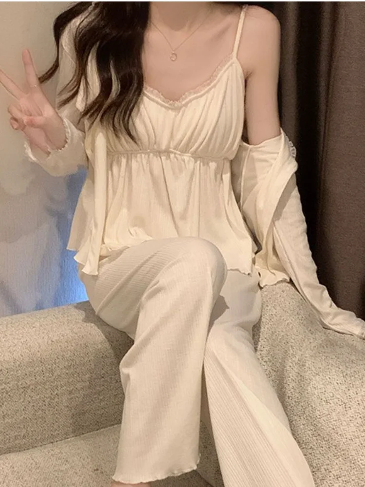 

Sexy with Padded Cups Leisure Wear Spring and Autumn Seasons Minimalist Lace Lace Bring A Cardigan Three-Piece Set Dopamine Hot