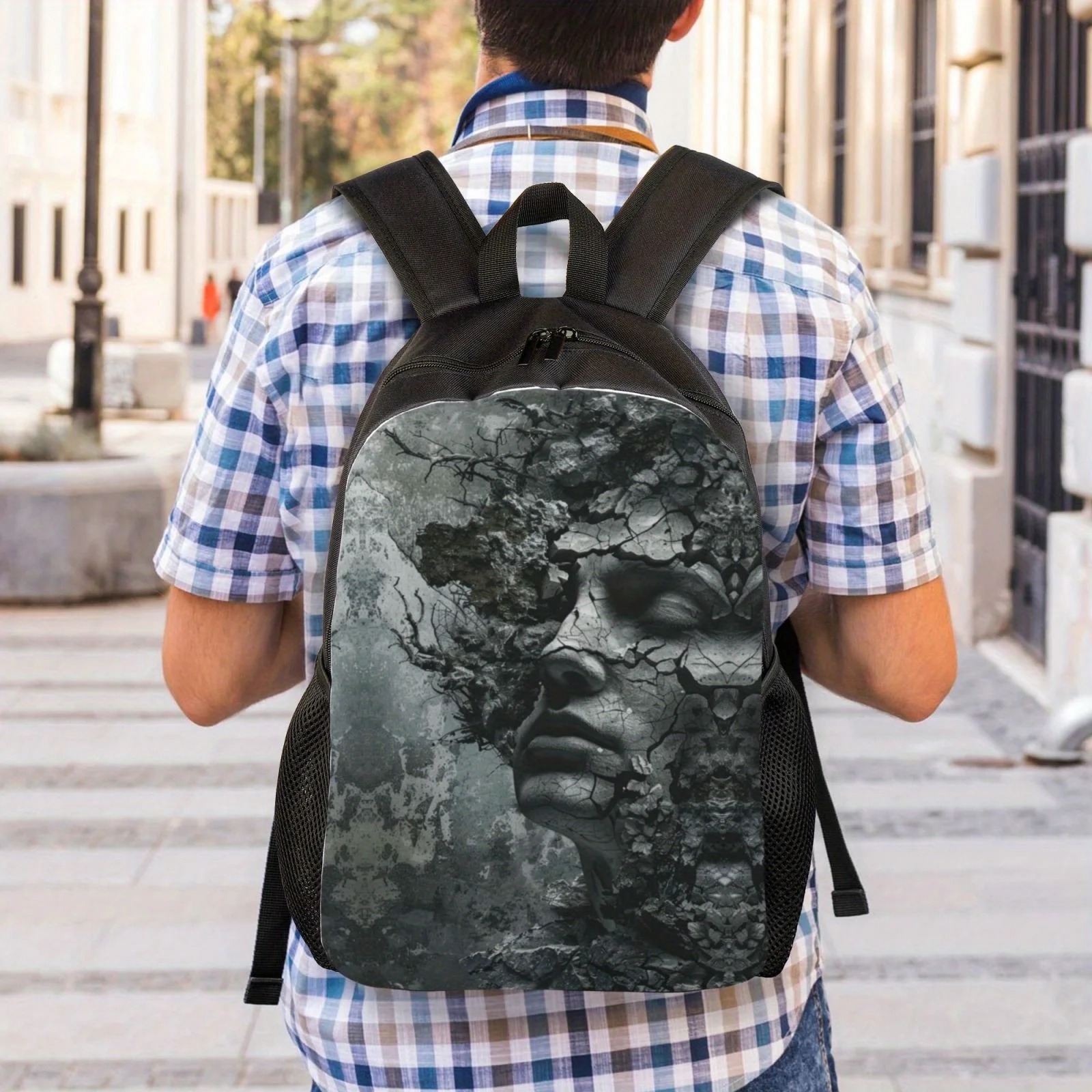 Statue print fashionable lightweight backpack, side expandable mesh bag, unisex casual bag