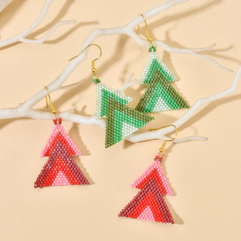 ZGMXR Rice bead earrings Tassel Geometry Gradient color Hand-woven Alloy Triangle Rainbow Fashion Bohemia Beaded earrings