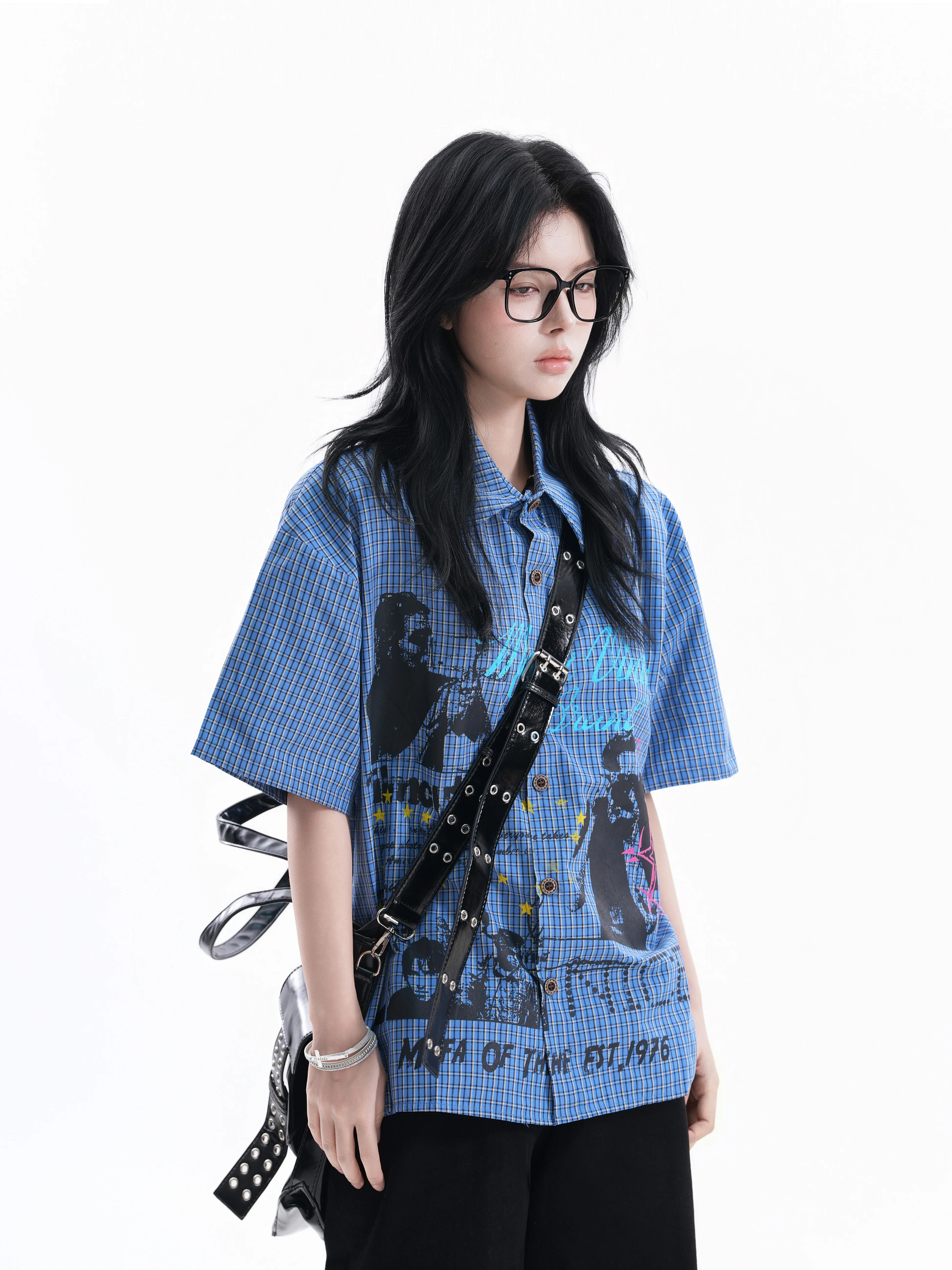 Retro American Graffiti Blue Plaid Loose Short Sleeve Women's Shirt Casual Style Polyester Fabric Youth Summer Fashion
