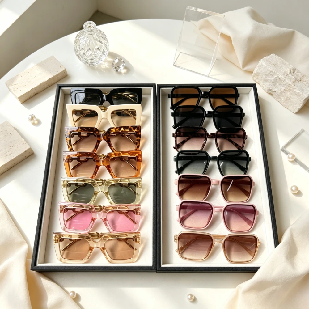 14PCS Retro Large-frame Sunglasses, Advanced Sense, Multi-color Optional Plain Makeup and Thin Versatile Seaside Vacation, Photo Dating and Shopping, The First Choice for Gifts