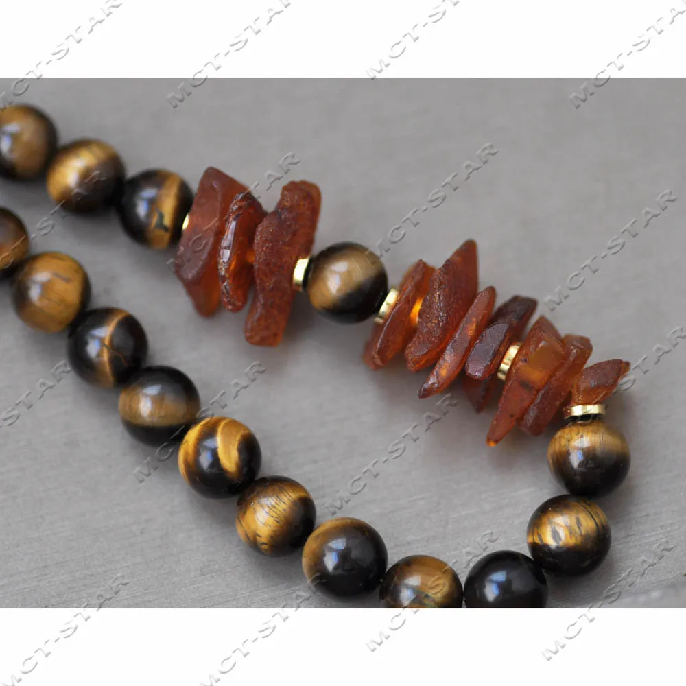 MTC·STAR 19inch Yellow Round Tiger's-eye Gemstone Red Flaky Amber Necklace (Z14116)