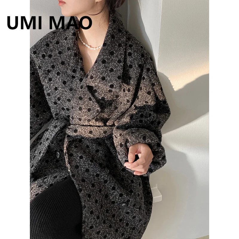 UMI MAO Wool Polka Dot Plush Gray Series Woolen Coat Jacket For Women Loose Lazy High-end Feeling In Winter Female Overcoat