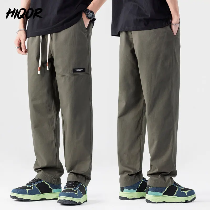 

HIQOR Men Solid Baggy Pants Spring Loose Elastic Cotton Sweatpants Casual Pant Man Fashion Y2K Straight ArmyGreen Black Trousers