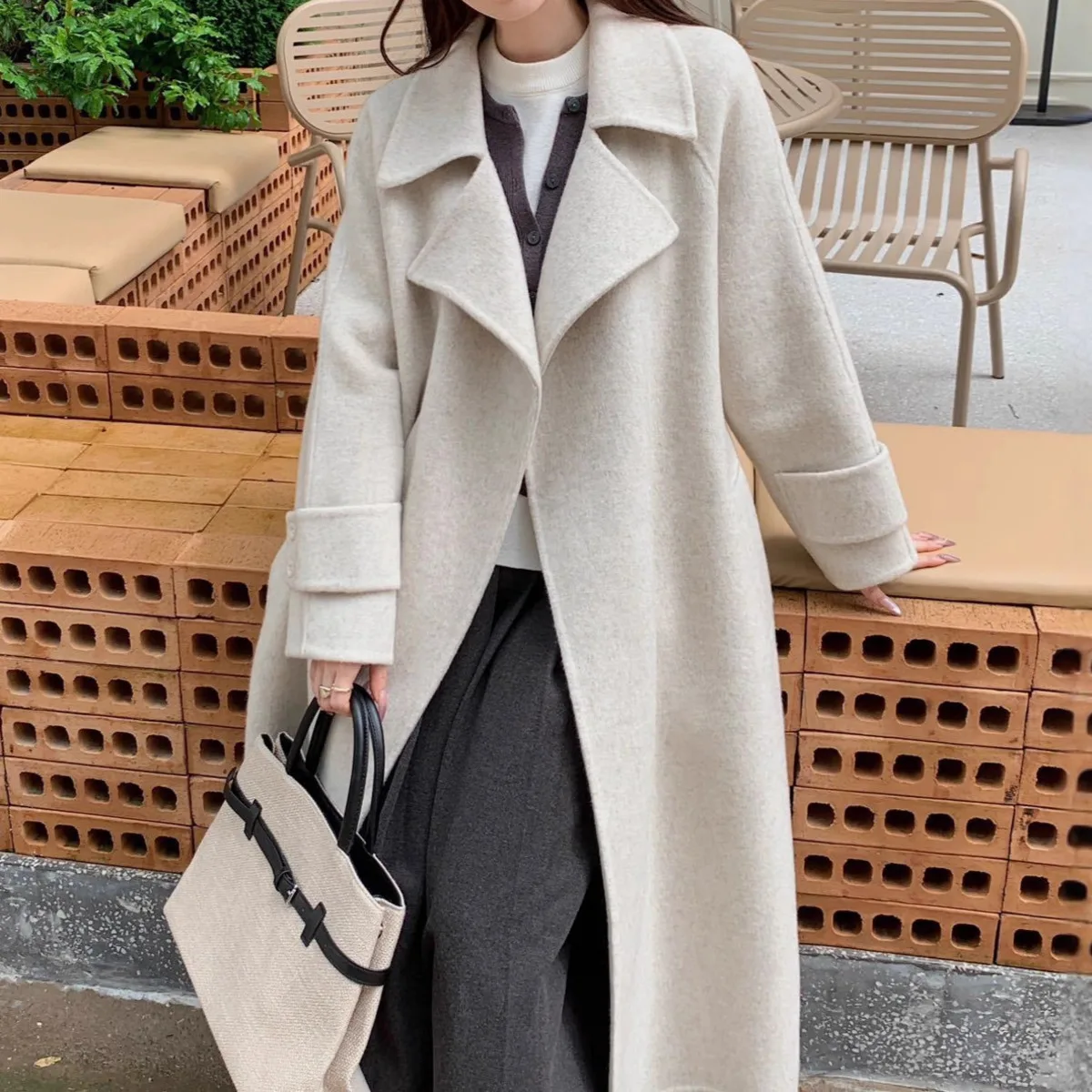 เสื้อโค้ทขนสัตว์สองด้านคุณภาพสูง BJTZ สำหรับผู้หญิง ความยาวปานกลาง ผูกเชือก ปกพับได้ เสื้อแจ็คเก็ตขนสัตว์เรียบง่าย คอลเลคชั่นฤดูใบไม้ร่วง/ฤดูหนาว 2025 รุ่นใหม่