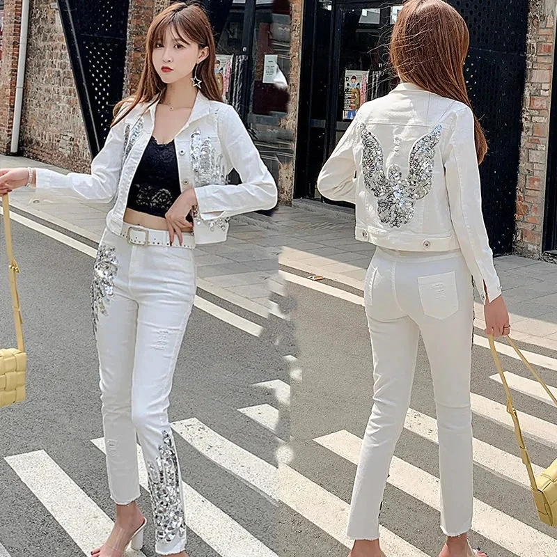 Fashion Denim Jacket Suit Female 2022 Autumn New White Jeans Elastic Sequined Flower Coat +Jeans 2 Piece SetTide High Quality