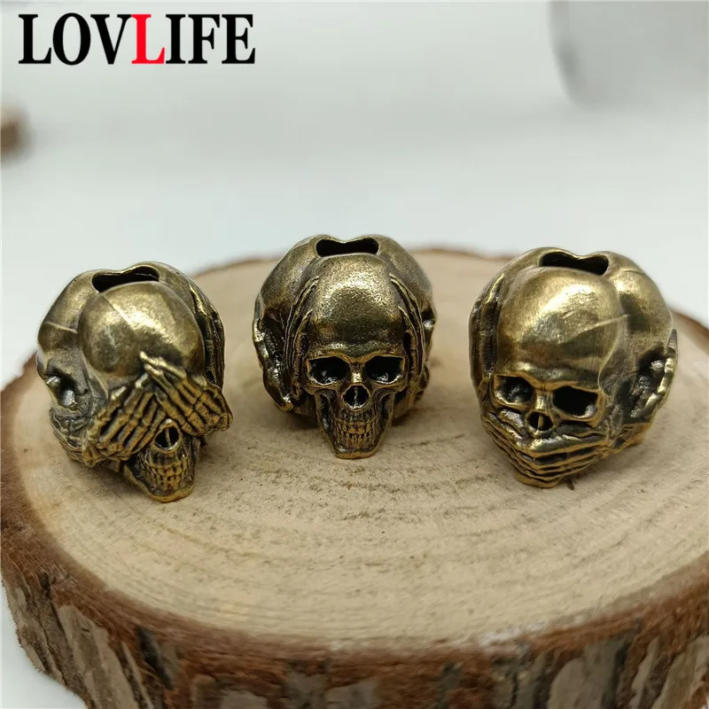 Three Sided Skull Head Brass Knife Bead EDC Outdoor DIY Paracord Woven Lanyard Pendant Bracelets Charms Jewelry Accessories Gift