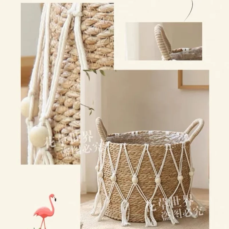 Macrame Woven Plant Basket Jute Rope with Tassels Handles Indoor Decorative Flower Pot Holders for Home Living Room Balcony