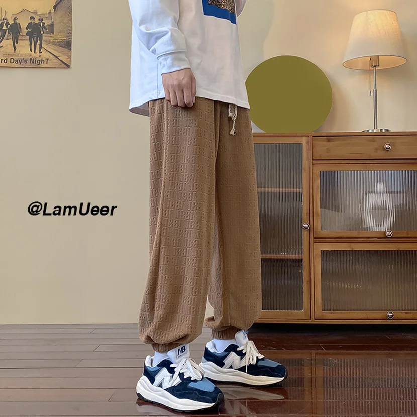 

High-End Men's Casual Pants Spring Autumn Loose Fit Sports Trousers with Dstring Trendy Floral Patterned Low Waist