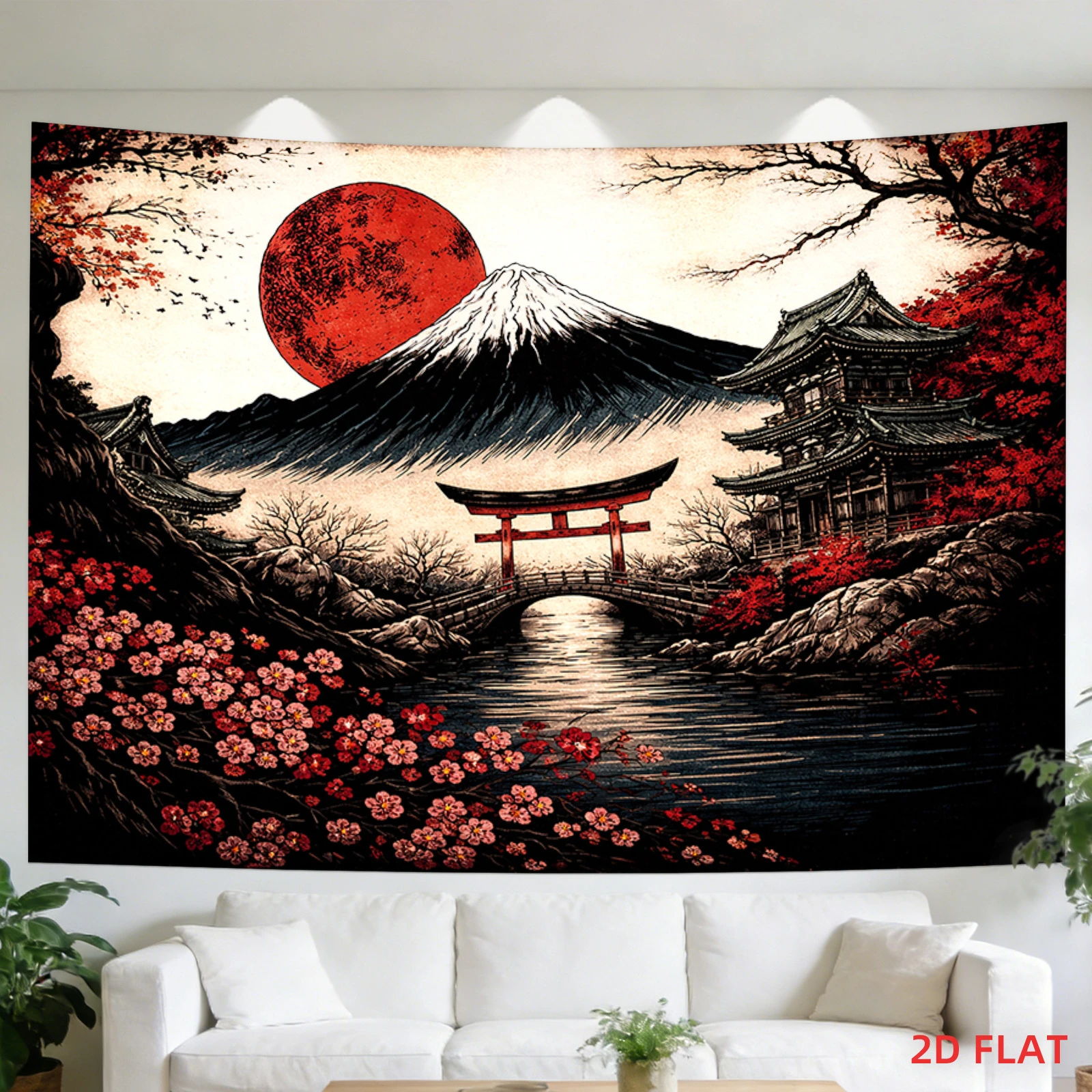 1pc Vintage Japanese Ukiyo-e Mount Fuji Tapestry, Torii Gate Cherry Blossom Wall Hanging for Home Decor