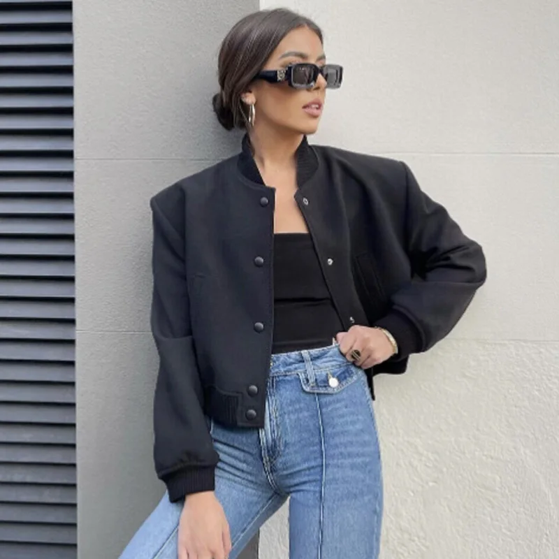 HXAO Women's Bomber Jacket Crop Black Off White Outerwears Spring 2025 New In Coats Aviator Varsity Button Long Sleeve Coat 066