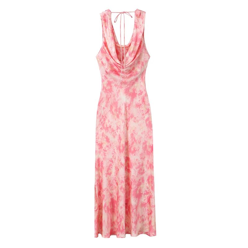 Vestido largo de satén con estampado Tie Dye para mujer, Sexy, Espalda descubierta, cuello oscilante, Maxi, Verano