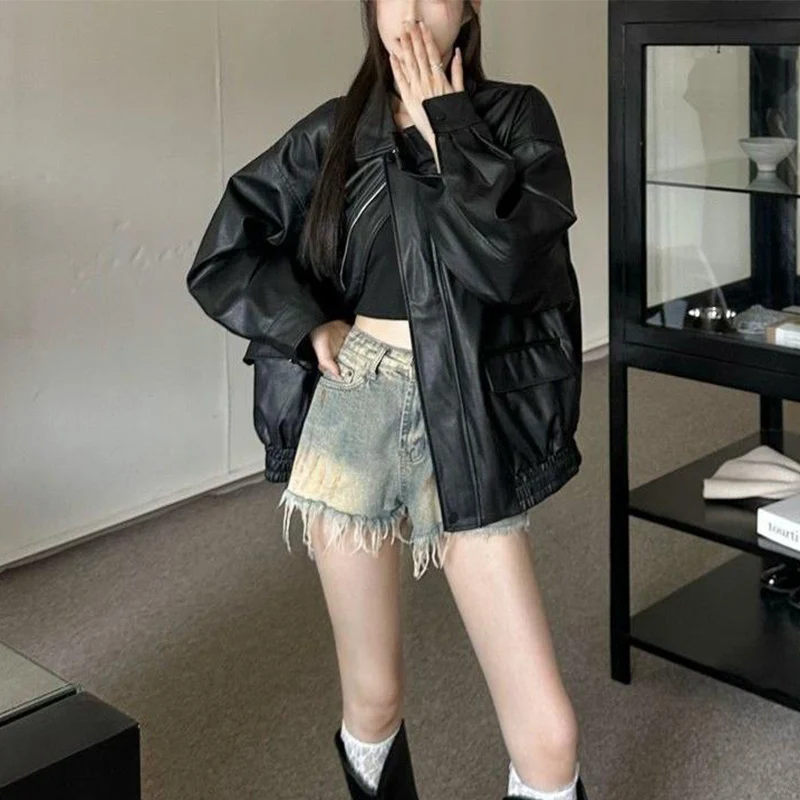 المرأة الخريف Y2K طويلة الأكمام بولي Jackets جديد الأمريكية الرجعية فو سترة جلدية امرأة أنيقة فضفاضة سستة موتو السائق معاطف Mujer #5