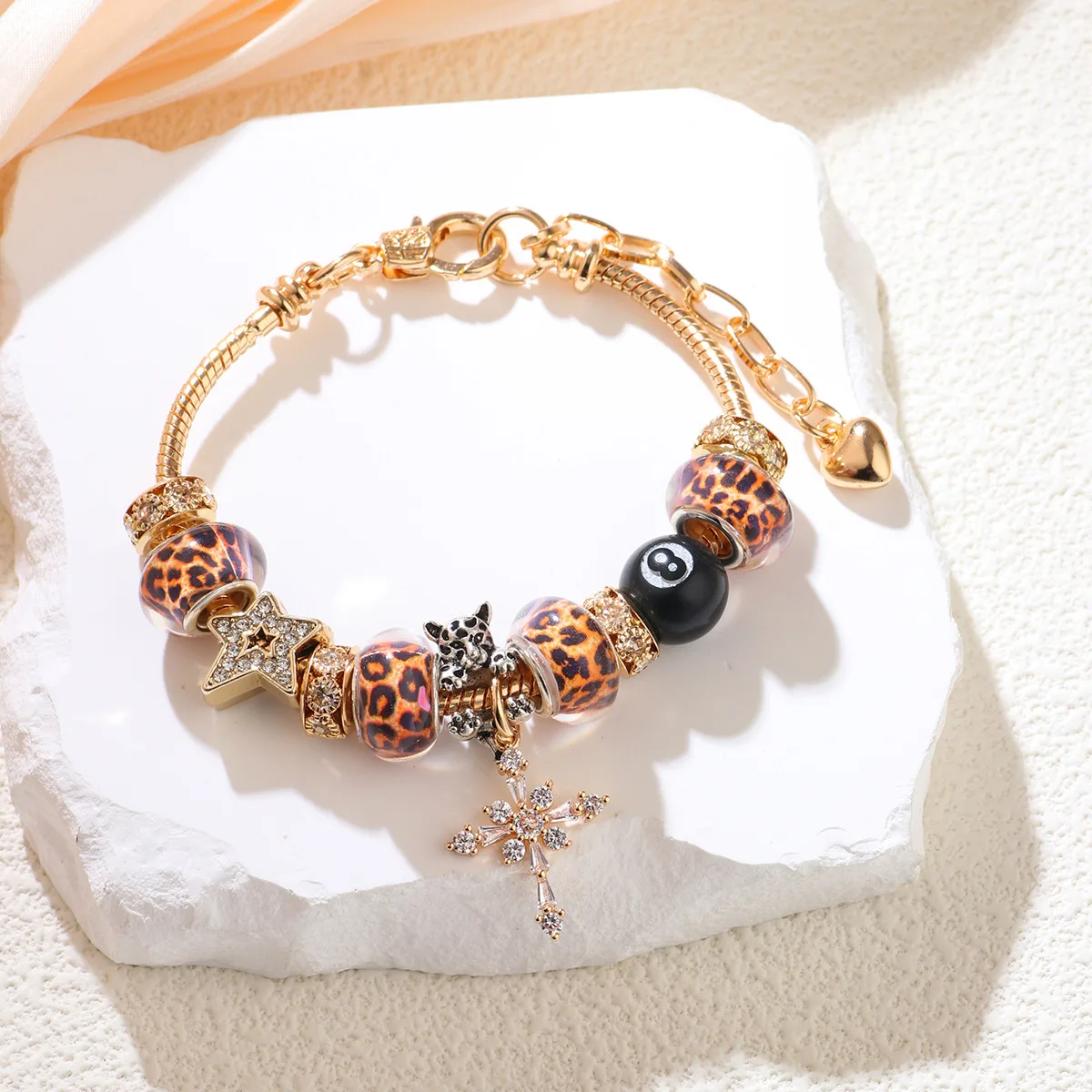 

1pc Women's Adjustable Bracelet Set With Pool Ball, Star, Cross Charms, Leopard Print & Time Charms,Suitable For Woman Daily