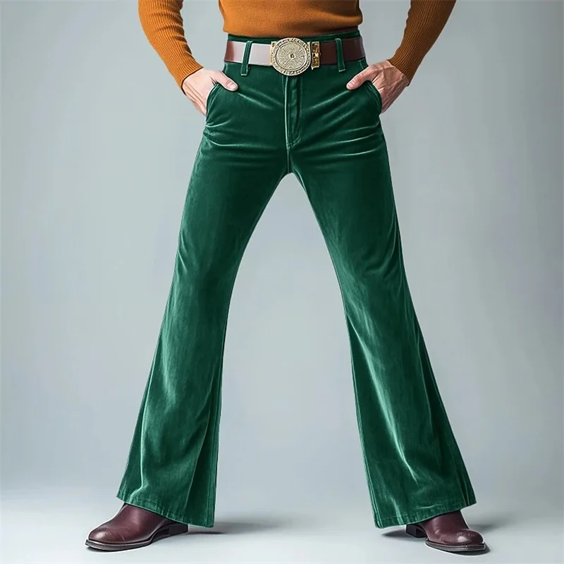 Men's Flare Pants Solid Color Glossy short plush thin fabric Suit Pants Formal Wide Feet Trousers Retro Disco Style High Waist