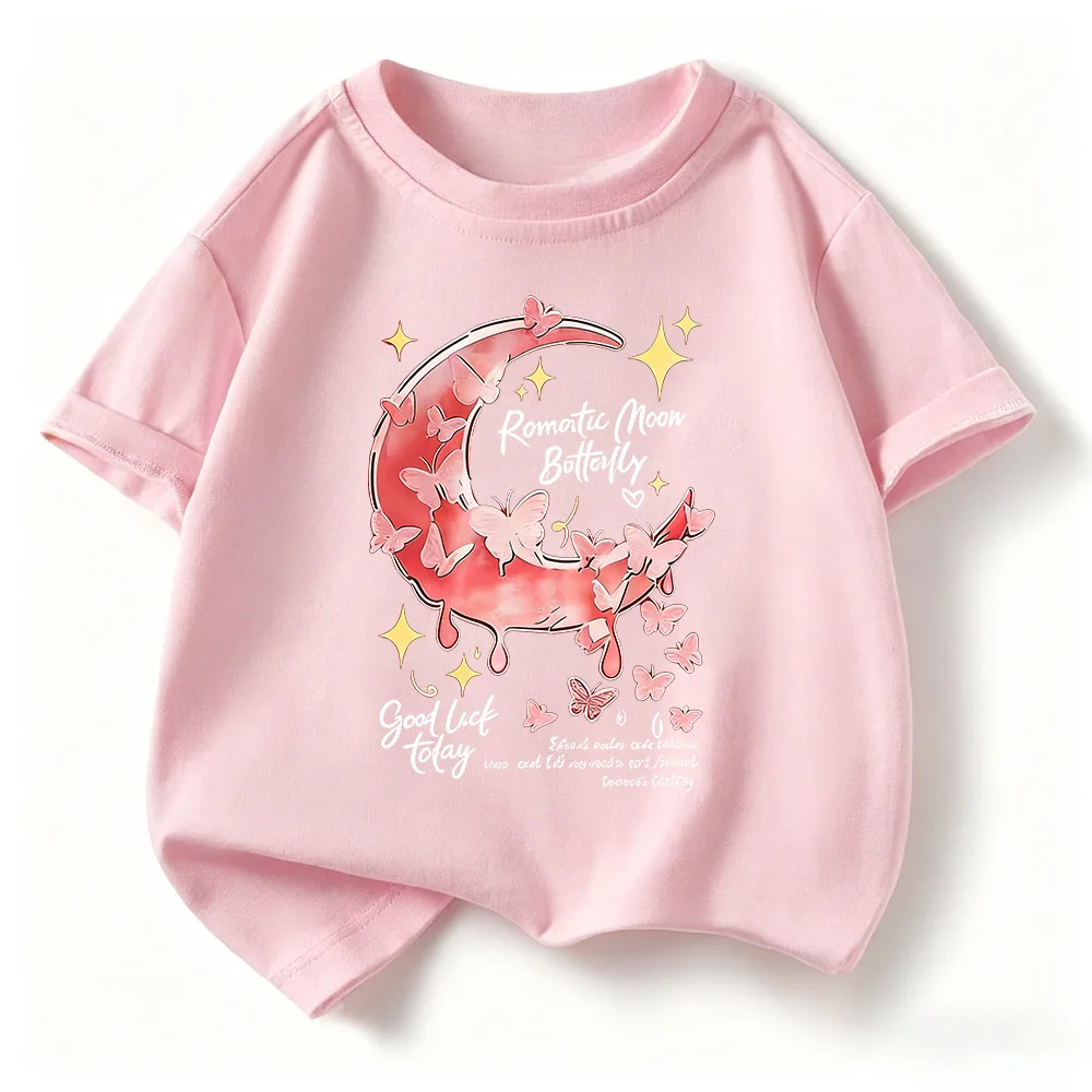 Children's T-sleeve New Loose Comfortable Soft Skin Friendly Casual Fashionable Versatile Letter Moon Print Short Sleeved Top