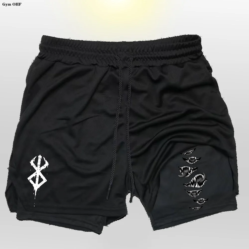 Anime Gym 2 in 1 Shorts For Men Sports Fitness Print Short Lining Phone Pocket Shorts Workout Running Mesh Sport Short Pants