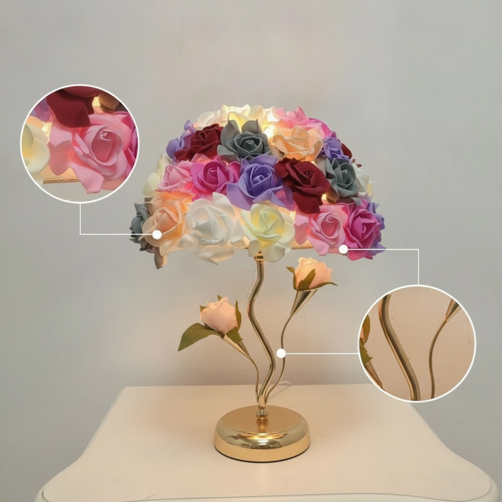 Rose Lamp Decorative Floral Table Lamp Multicolor Gold-Tone for Bedroom, Living Room view 2