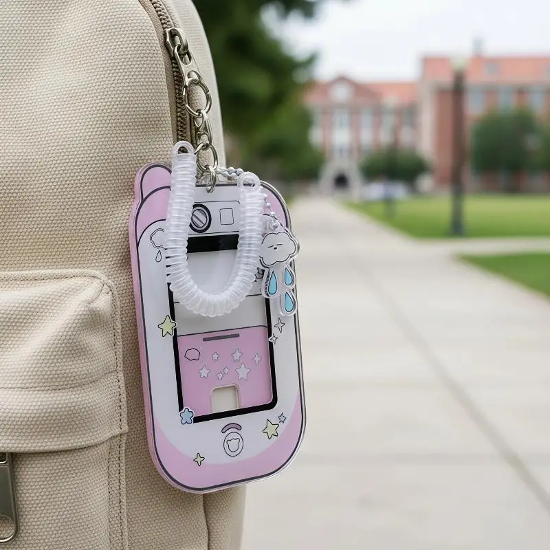 1Pcs Cute Camera Shaped Acrylic Photocard Holder Clear Window with Coil Lanyard for School ID Card Bag Decoration