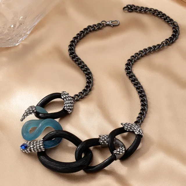 

Fashion Unique Stainless Steel IP Black Chain Necklace Black Agate Enamel Blue Crystal Resin Choker Black Gold Statement Jewelry