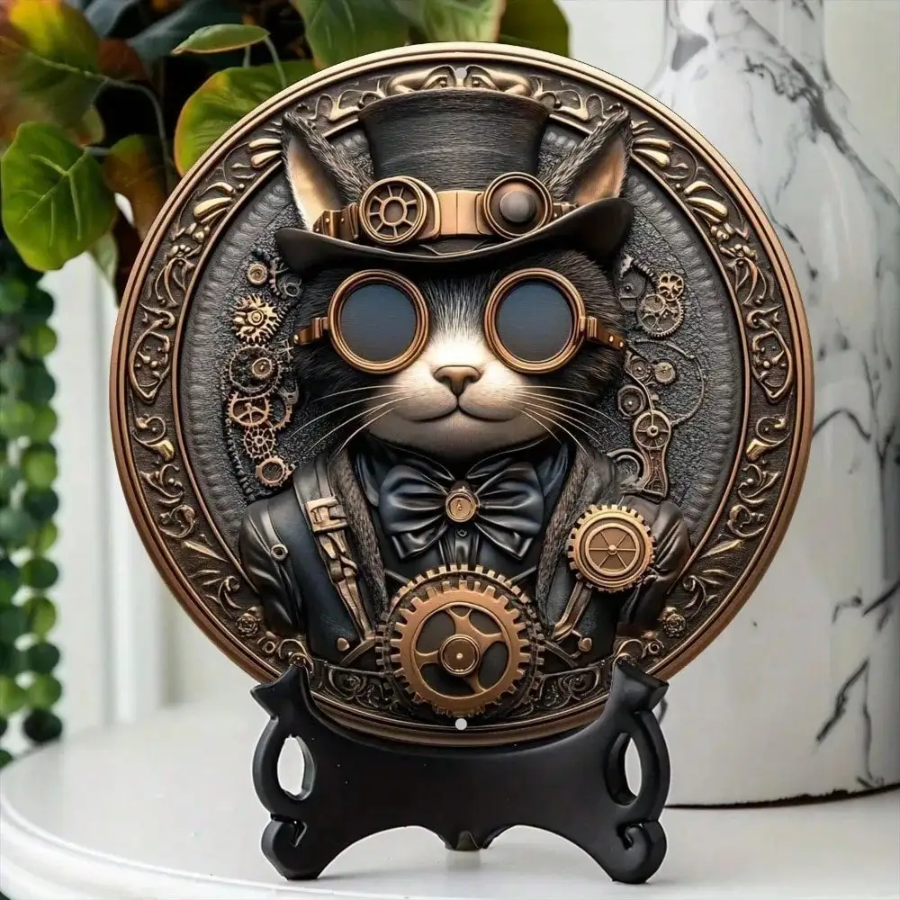 Retro Steampunk Cat Tin Painting Wall Art Decor | 2D Metal Sign No Power Vintage Hanging Plaque