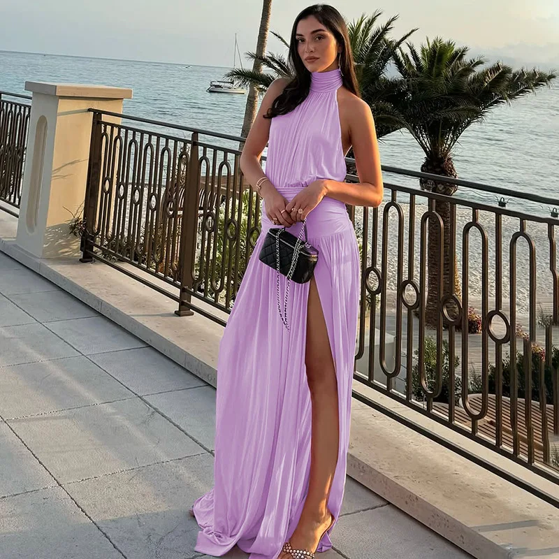 

Ticketsx Halter Backless Pleated Maxi Dress For Women 2025 Summer Solid Sleeveless Split Sexy Dress Lady Formal Evening Dresses