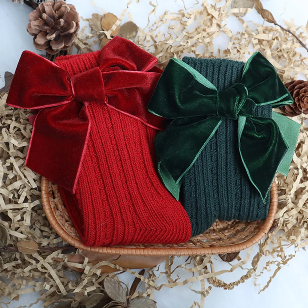

1Pair Children Stockings Solid Color Bowknot Elastic Cotton Mid-Calf Socks Winter Warm Knee High Socks for Kids Fall Cold