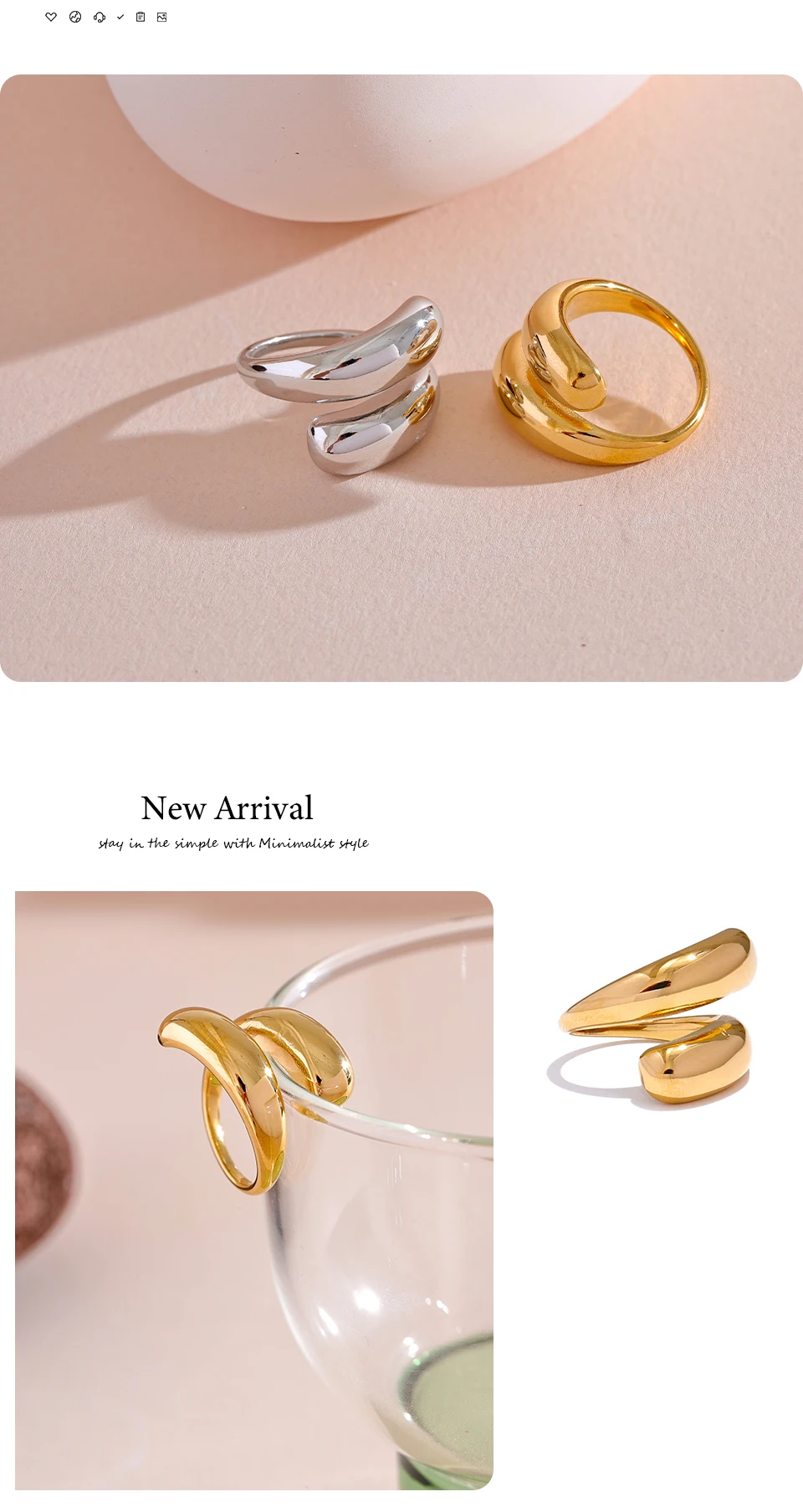 Yhpup Chic Einzigartiger, ungewöhnlicher Ring aus Edelstahl, wasserabweisend, 18 Karat PVD-beschichtet, schlicht, schlankes Metall, Modeschmuck, Bijoux-Geschenk – Detail 4