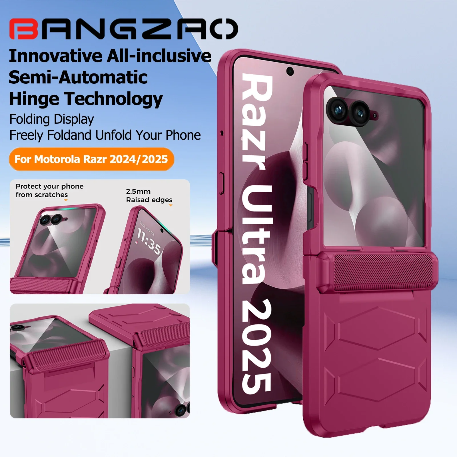 

Бронированный чехол для Motorola Razr 2024/2025, с крышкой на петлях, встроенная защитная пленка для экрана, противоударный универсальный чехол для телефона, розово-красный
