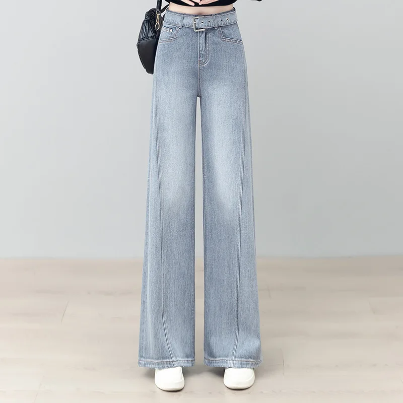 جينز رمادي فاتح للنساء، سروال مستقيم عالي الخصر للربيع والخريف متعدد الاستخدامات وفضفاض وبسيط