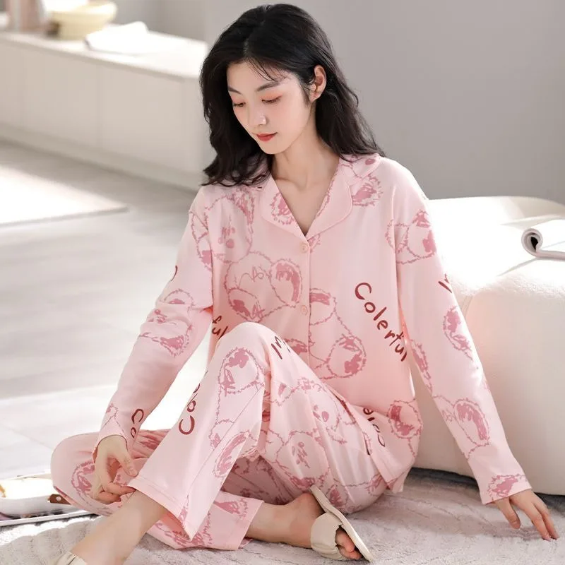 2023 New Pajamas Women's Autumn Cardigan Long Sleeve Long Pants Loungewear Pure Cotton Set Summer Cartoon Spring V-neck Homewear