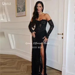 Qanz Slit Evening Dresses Women Elegant Luxury Dubai Black Lace Sequined Women Party Dresses Vestidos Fiesta Mujer Customized