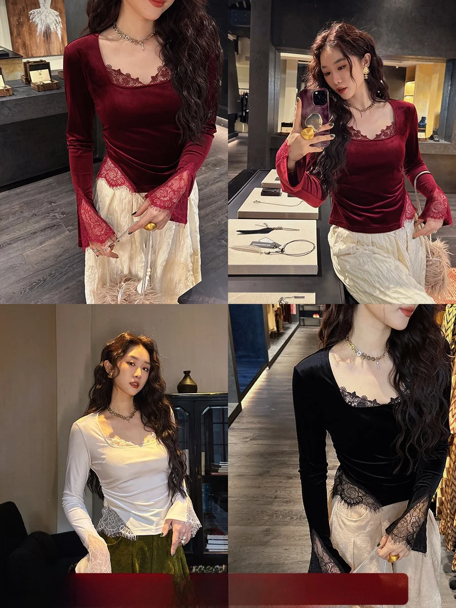 

Sanji Bla Flower Lace Inner Wear Base irt Slim Fit Long Sve T-irt 2025 New Sle Casual Faion Ladies Top