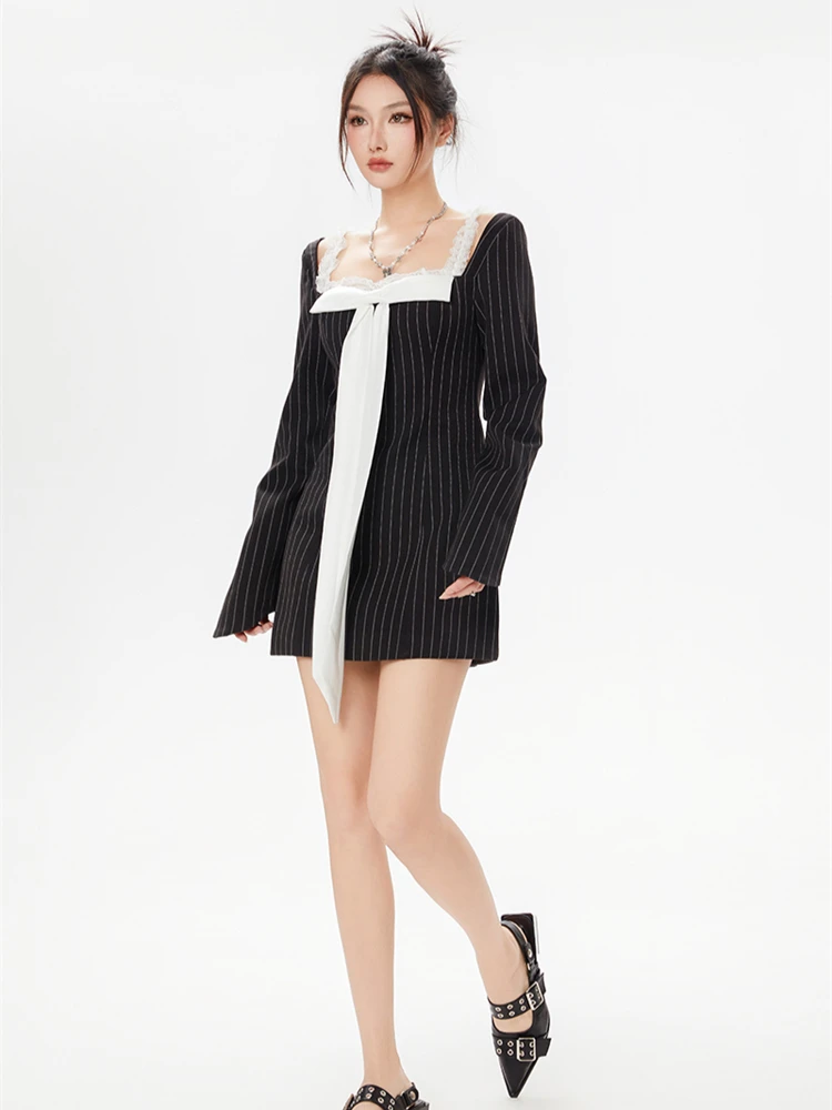 CHEERART Bow Lace Square Neck Cute Mini Dress For Women Fall 2023 Black Striped A Line Backless Kawaii Long Sleeve Dress Clothes