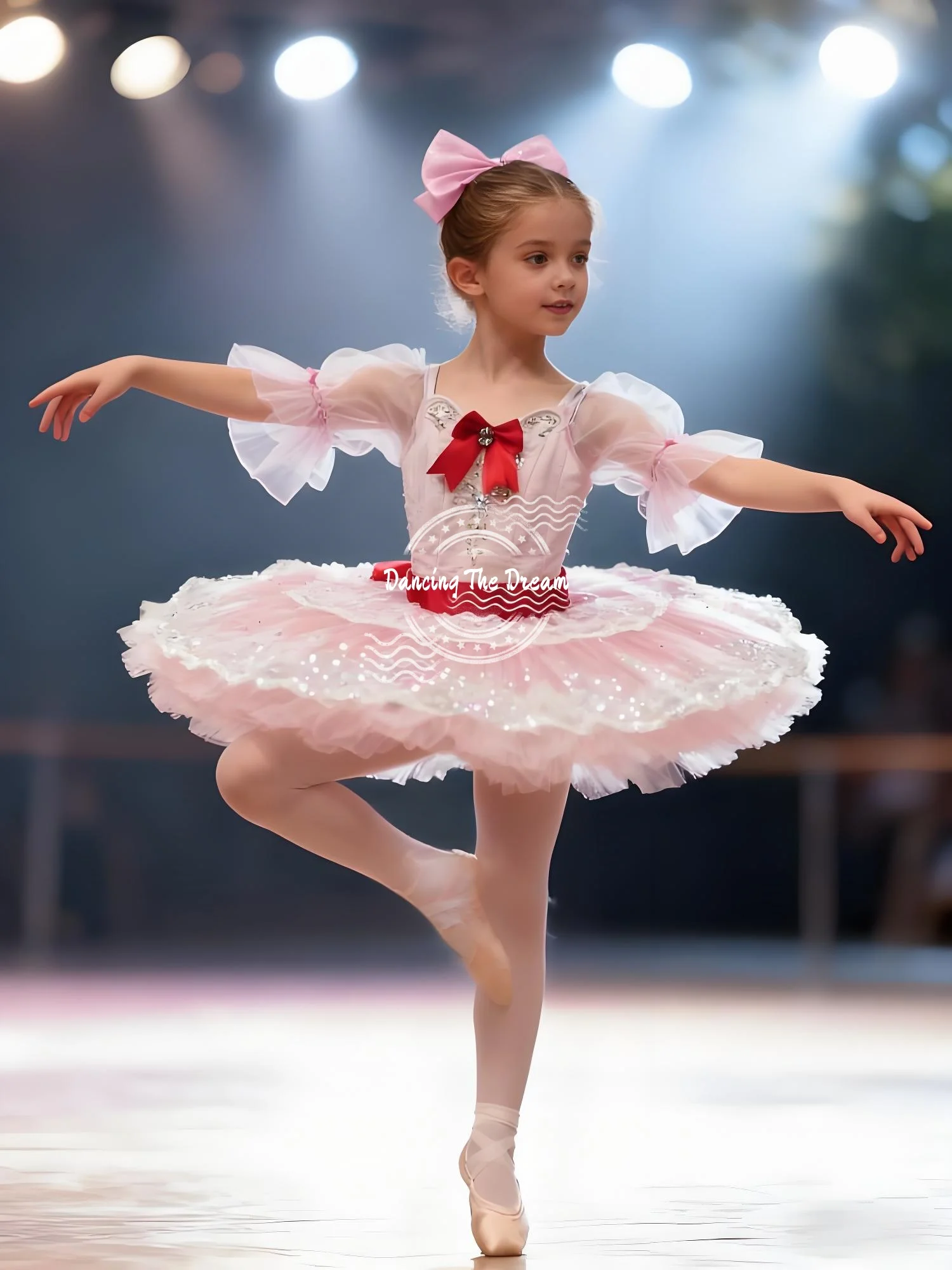 

Pink Tulle Ballet Dress with Red Bow and Sequins Blush Pink Mesh - Layered Tulle Ballet Dress with Red Ribbon